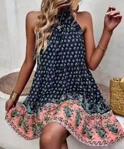 DY CARLYLE HALTER DRESS - NAVY PRINT