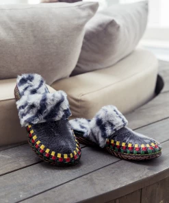 NEW ARRIVALS SOFFIA | Floral Embossed Wool Lined Leather Slipper - Navy Black