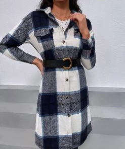 YBL Smaibulun | Plaid Button-Up Shirt Dress - Navy New In Clothing