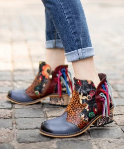 SOFFIA | Genuine Leather Tasselled Back Floral Printed Ankle Booties Mid Heel Boots