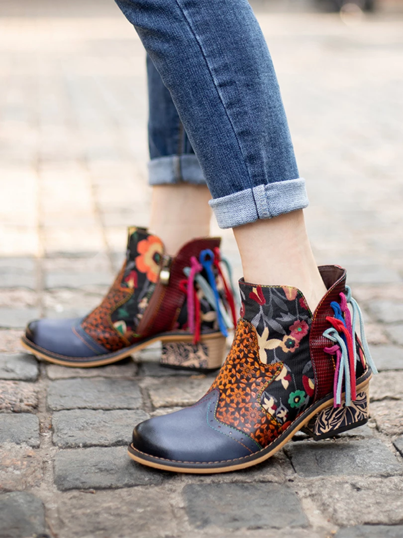 SOFFIA | Genuine Leather Tasselled Back Floral Printed Ankle Booties Mid Heel Boots 2 SOFFIA | Genuine Leather Tasselled Back Floral Printed Ankle Booties Mid Heel Boots