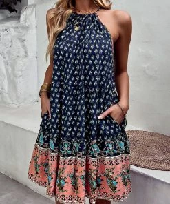 DY CARLYLE HALTER DRESS - NAVY PRINT