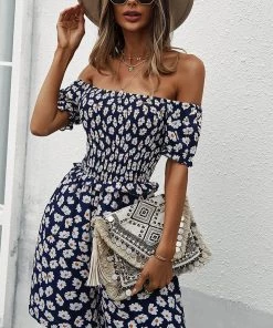 DY LAUDINE Off Shoulder Playsuit - Navy Print
