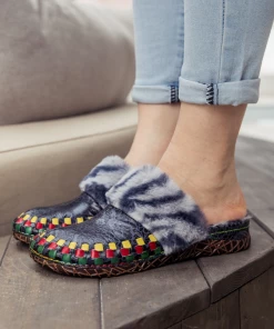 NEW ARRIVALS SOFFIA | Floral Embossed Wool Lined Leather Slipper - Navy Black