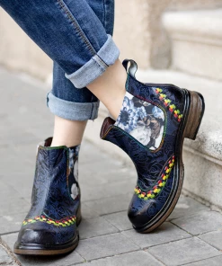 SOFFIA | Genuine Leather Blue Chrysanthemum Side Floral Embossed Leather Chelsea Ankle Boots