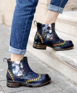 SOFFIA | Genuine Leather Blue Chrysanthemum Side Floral Embossed Leather Chelsea Ankle Boots
