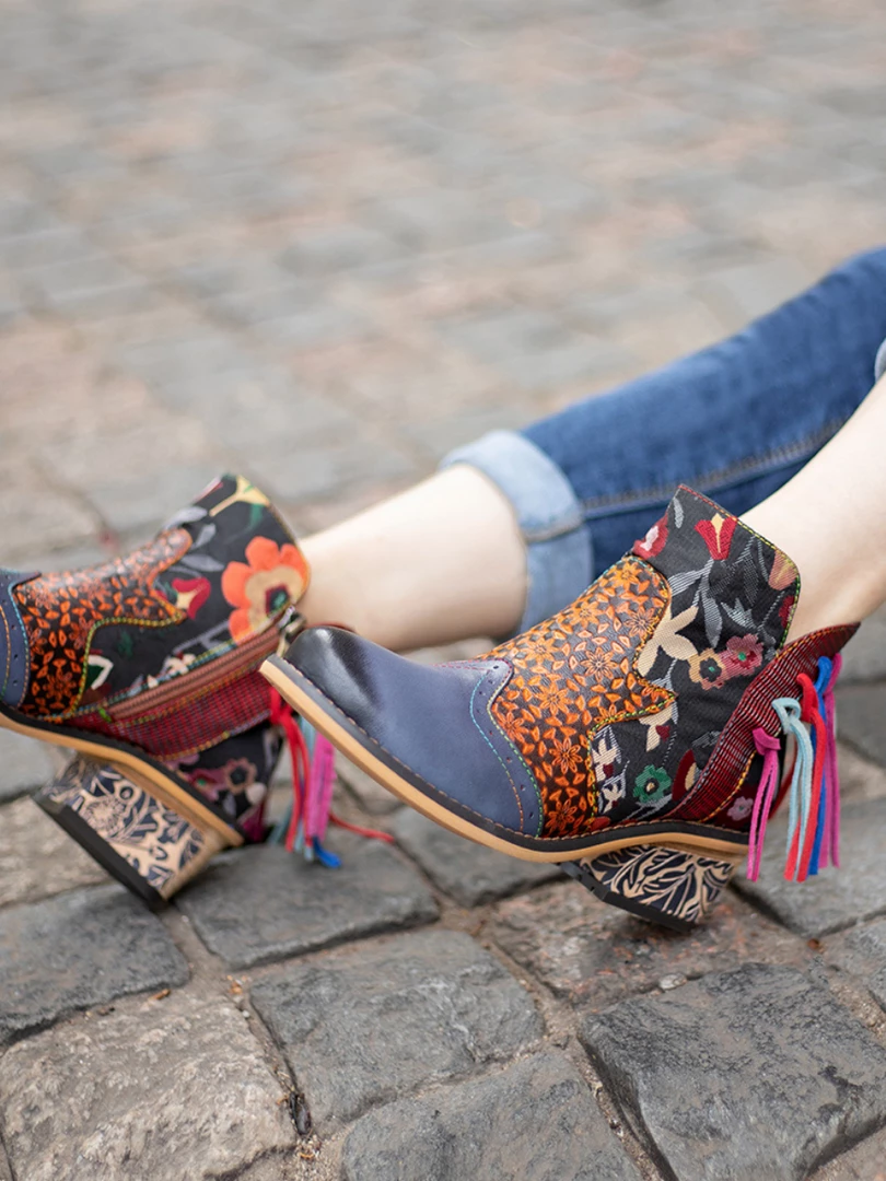 SOFFIA | Genuine Leather Tasselled Back Floral Printed Ankle Booties Mid Heel Boots 8 SOFFIA | Genuine Leather Tasselled Back Floral Printed Ankle Booties Mid Heel Boots