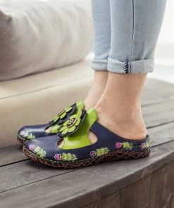 NEW ARRIVALS SOFFIA | Floral Appliqued Cut-Out Leather Sandal - Navy