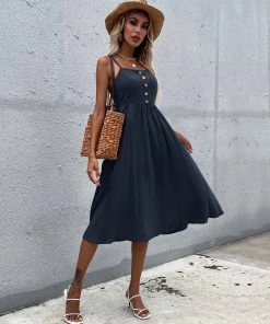 BFZY New In Clothing LINDSAY Linen Blend Dress - Navy