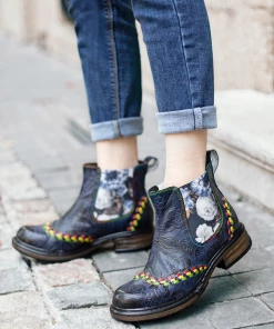 SOFFIA | Genuine Leather Blue Chrysanthemum Side Floral Embossed Leather Chelsea Ankle Boots