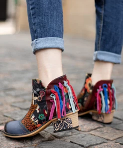 SOFFIA | Genuine Leather Tasselled Back Floral Printed Ankle Booties Mid Heel Boots 17 SOFFIA | Genuine Leather Tasselled Back Floral Printed Ankle Booties Mid Heel Boots