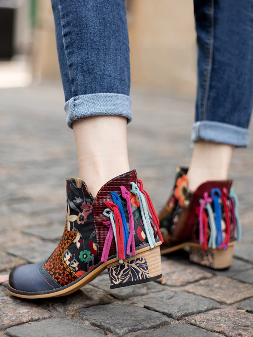 SOFFIA | Genuine Leather Tasselled Back Floral Printed Ankle Booties Mid Heel Boots 9 SOFFIA | Genuine Leather Tasselled Back Floral Printed Ankle Booties Mid Heel Boots