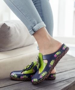 NEW ARRIVALS SOFFIA | Floral Appliqued Cut-Out Leather Sandal - Navy