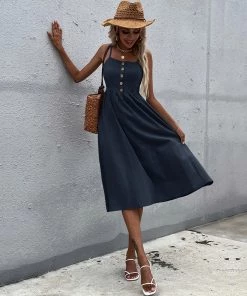 BFZY New In Clothing LINDSAY Linen Blend Dress - Navy