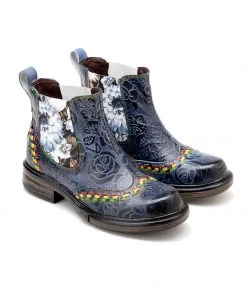 SOFFIA | Genuine Leather Blue Chrysanthemum Side Floral Embossed Leather Chelsea Ankle Boots