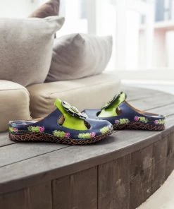 NEW ARRIVALS SOFFIA | Floral Appliqued Cut-Out Leather Sandal - Navy