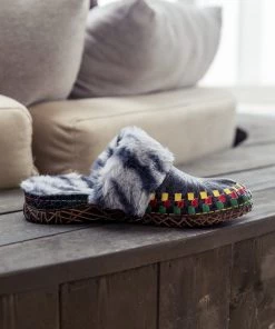NEW ARRIVALS SOFFIA | Floral Embossed Wool Lined Leather Slipper - Navy Black