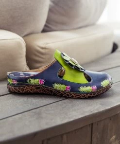 NEW ARRIVALS SOFFIA | Floral Appliqued Cut-Out Leather Sandal - Navy