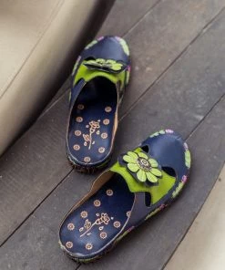 NEW ARRIVALS SOFFIA | Floral Appliqued Cut-Out Leather Sandal - Navy