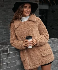 YBL New In Clothing Smaibulun Doll | Camel Asymmetrical Zip-Front Fleece Jacket