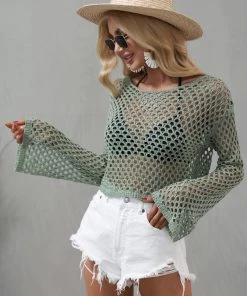 MY AIDA CROCHET KNIT TOP - OLIVE New In Clothing