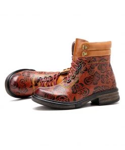 SOFFIA | Genuine Leather Rose Leaf Printed Lace Up Combat Boots NEW ARRIVALS