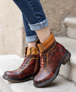 SOFFIA | Genuine Leather Rose Leaf Printed Lace Up Combat Boots NEW ARRIVALS