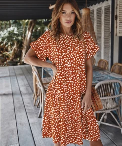 DY NEW ARRIVALS BRONWYN DRESS - RUST PRINT
