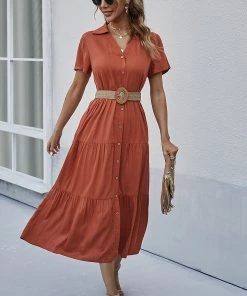 DY New In Clothing EMILY Front Button Midi Dress - Amber
