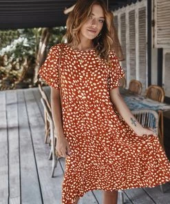 DY NEW ARRIVALS BRONWYN DRESS - RUST PRINT