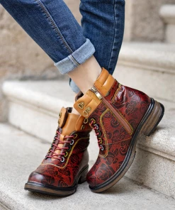 SOFFIA | Genuine Leather Rose Leaf Printed Lace Up Combat Boots NEW ARRIVALS