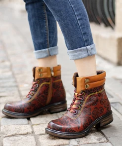 SOFFIA | Genuine Leather Rose Leaf Printed Lace Up Combat Boots NEW ARRIVALS