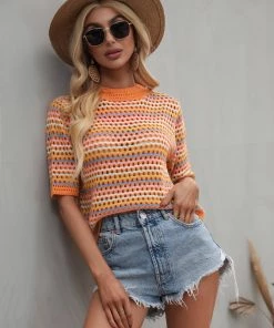 MY BEE CROCHET KNIT TOP - ORANGE STRIP