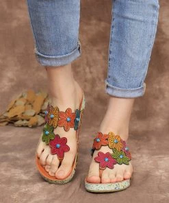 RXD SOFFIA | Genuine Leather Flower Trim Flat Flip Flop Sandals New In Shoes