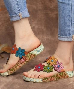 RXD SOFFIA | Genuine Leather Flower Trim Flat Flip Flop Sandals New In Shoes