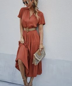 DY New In Clothing EMILY Front Button Midi Dress - Amber