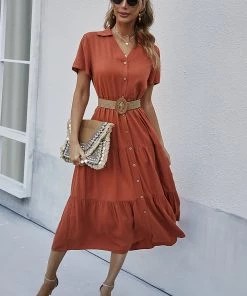 DY New In Clothing EMILY Front Button Midi Dress - Amber