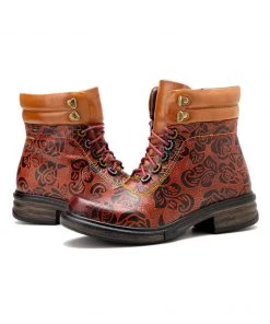 SOFFIA | Genuine Leather Rose Leaf Printed Lace Up Combat Boots NEW ARRIVALS