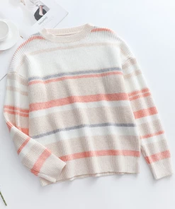 MY Smaibulun | Peach Grey Stripe Crew Neck Knit Top