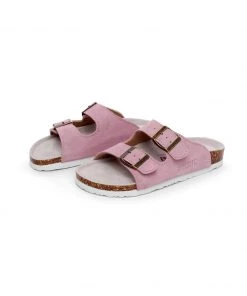 GLF NEW ARRIVALS Maibulun | Pink Double-Buckle Wide-Strap Suede Leather Sandals