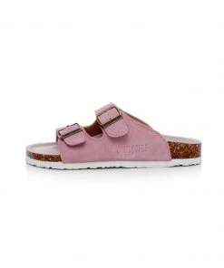 GLF NEW ARRIVALS Maibulun | Pink Double-Buckle Wide-Strap Suede Leather Sandals