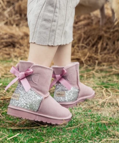 XH SMAIBULUN UGG™ | Sequins Ribbon Bow Faux Fur-Lined Suede Boots - Dusty Pink