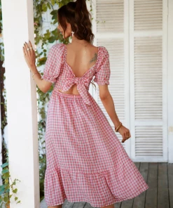 DY ELOISA Back Bow Midi Dress - Pink Gingham