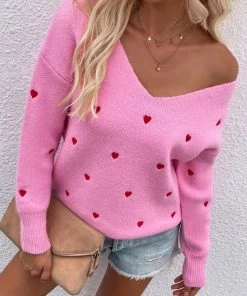 MY Smaibulun | Valentine Hearts Low V Neck Knit Sweater - Pink NEW ARRIVALS