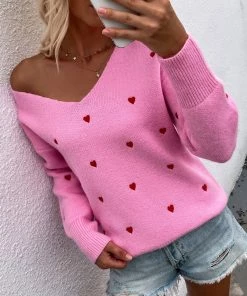 MY Smaibulun | Valentine Hearts Low V Neck Knit Sweater - Pink NEW ARRIVALS