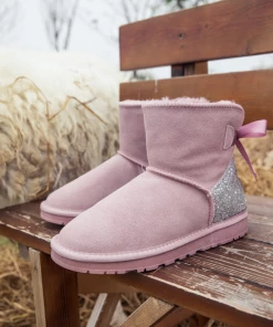 XH SMAIBULUN UGG™ | Sequins Ribbon Bow Faux Fur-Lined Suede Boots - Dusty Pink