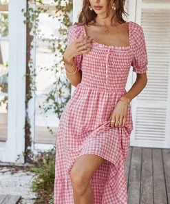 DY ELOISA Back Bow Midi Dress - Pink Gingham