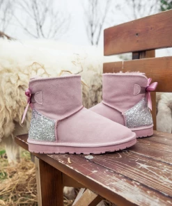 XH SMAIBULUN UGG™ | Sequins Ribbon Bow Faux Fur-Lined Suede Boots - Dusty Pink