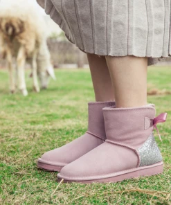 XH SMAIBULUN UGG™ | Sequins Ribbon Bow Faux Fur-Lined Suede Boots - Dusty Pink