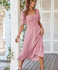 DY ELOISA Back Bow Midi Dress - Pink Gingham